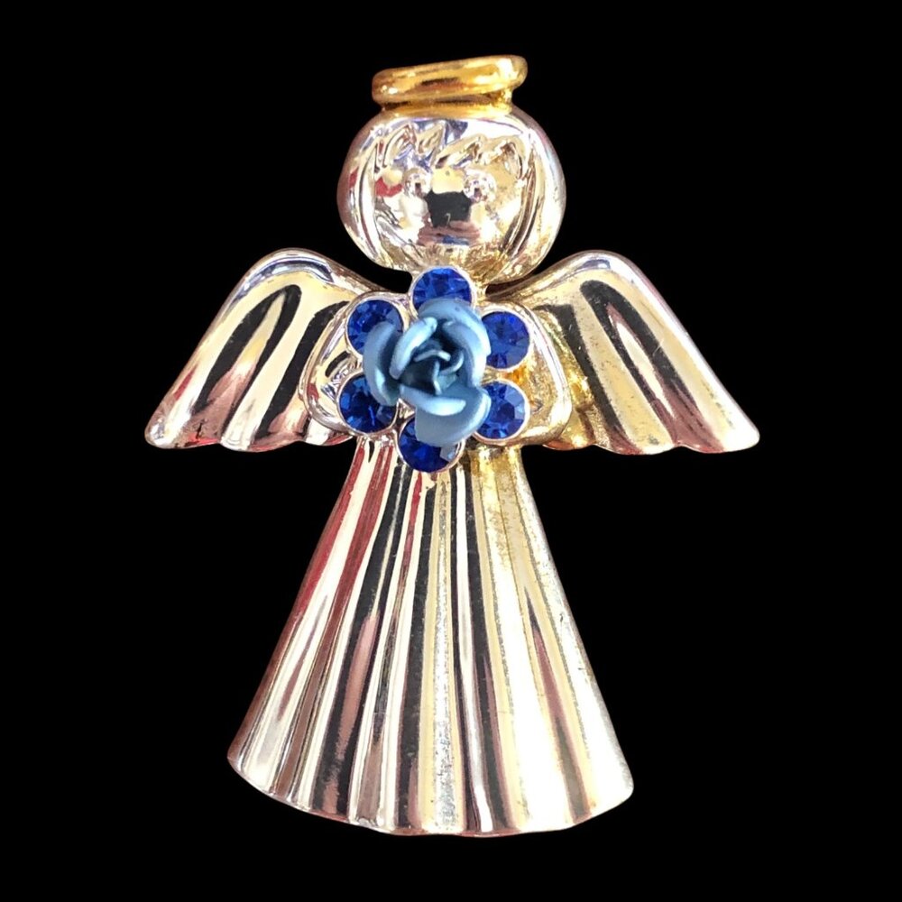 Angel Brooch Blue Rose Silver Tone Pin‎ Gold Halo Pin